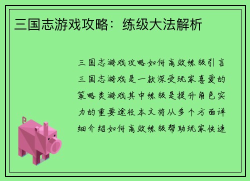 三国志游戏攻略：练级大法解析