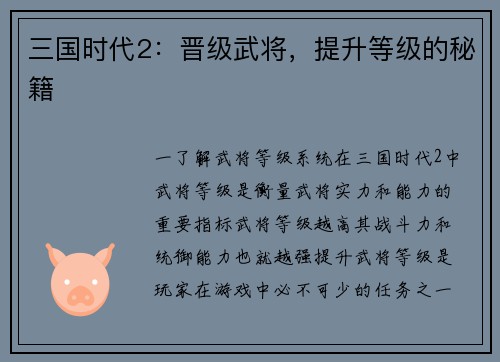 三国时代2：晋级武将，提升等级的秘籍